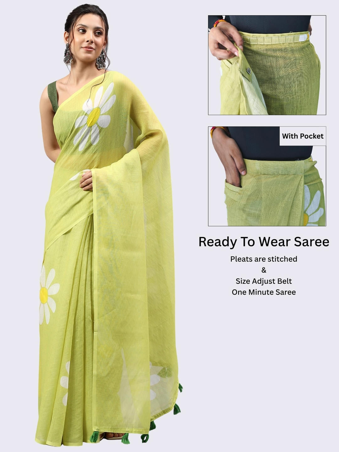Beautiful woman styled in a vibrant lemon green ready-to-wear one-minute linen saree featuring pre-stitched pleats, a heavy silver zari border, and a matching green blouse by Samantha.