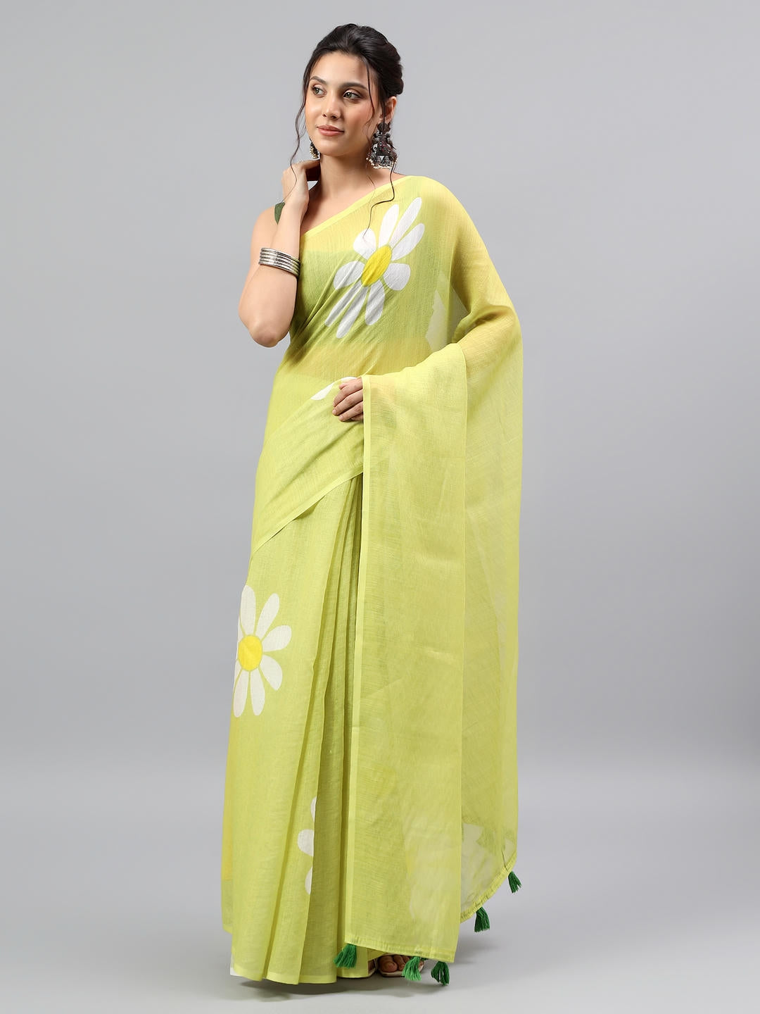 Samantha Lemon Green Ready To Wear One Minute Linen Fabric Saree With Pre Stitched Pleats And Unstitched Blouse Piece Featuring Silver Zari Border For Women Ethnic Wear