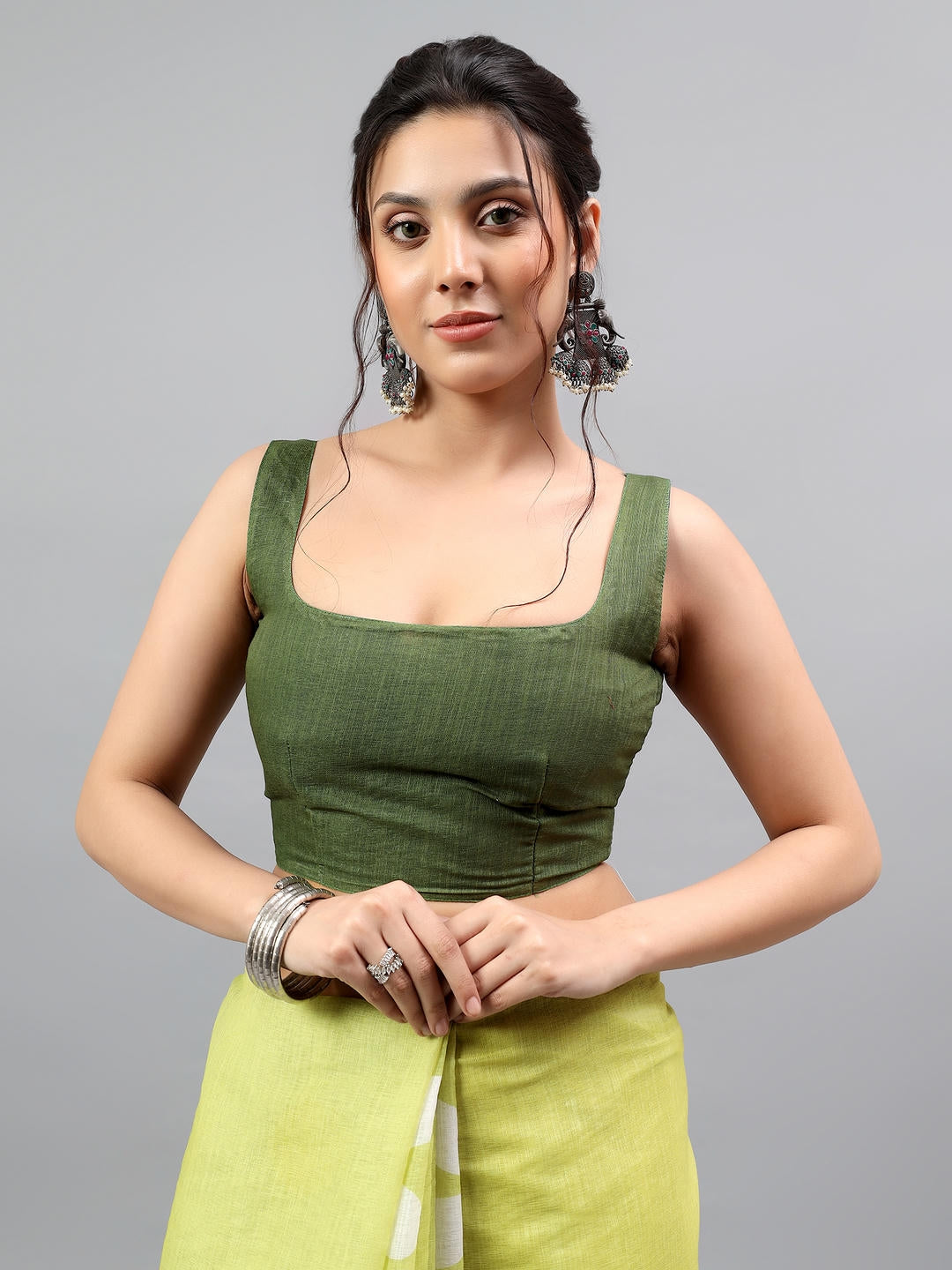 Samantha Lemon Green Ready To Wear One Minute Linen Fabric Saree With Pre Stitched Pleats And Unstitched Blouse Piece Featuring Silver Zari Border For Women Ethnic Wear