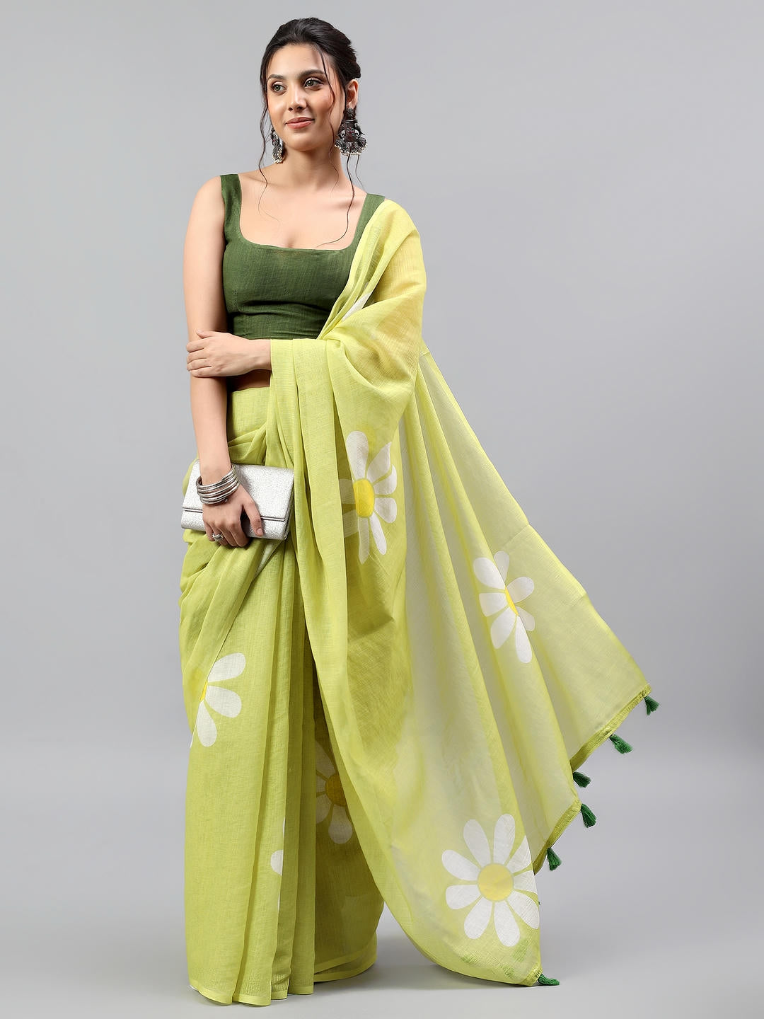Samantha Lemon Green Ready To Wear One Minute Linen Fabric Saree With Pre Stitched Pleats And Unstitched Blouse Piece Featuring Silver Zari Border For Women Ethnic Wear