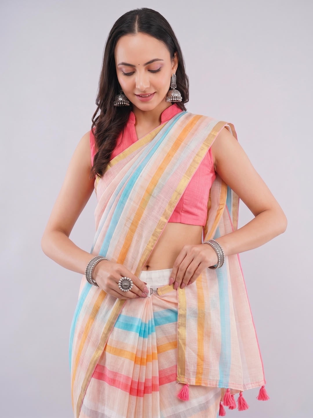 Samantha Pink And Yellow Multicolor Ready To Wear One Minute Linen Fabric Saree With Pre Stitched Pleats And Unstitched Pink Blouse Piece Featuring Gold Zari Border For Women Ethnic Wear