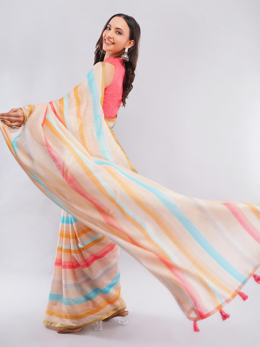 Samantha Pink And Yellow Multicolor Ready To Wear One Minute Linen Fabric Saree With Pre Stitched Pleats And Unstitched Pink Blouse Piece Featuring Gold Zari Border For Women Ethnic Wear