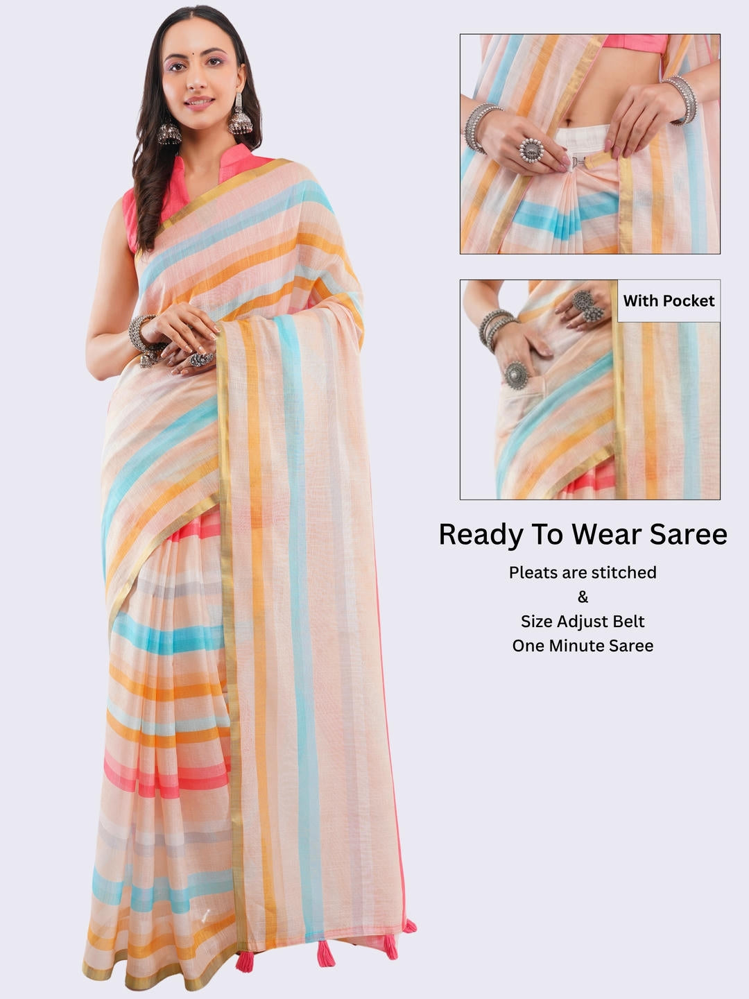 Beautiful woman styled in a pink and yellow multicolor ready-to-wear one-minute linen saree featuring pre-stitched pleats, a heavy gold zari border, and a matching pink blouse by Samantha.