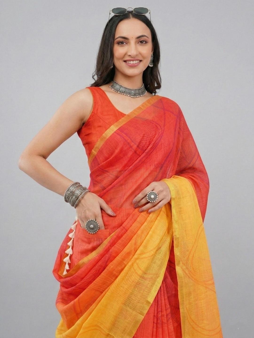 Samantha Red And Yellow Dual Tone Ready To Wear One Minute Linen Fabric Saree With Pre Stitched Pleats And Unstitched Red Blouse Piece Featuring Gold Zari Border For Women Ethnic Wear
