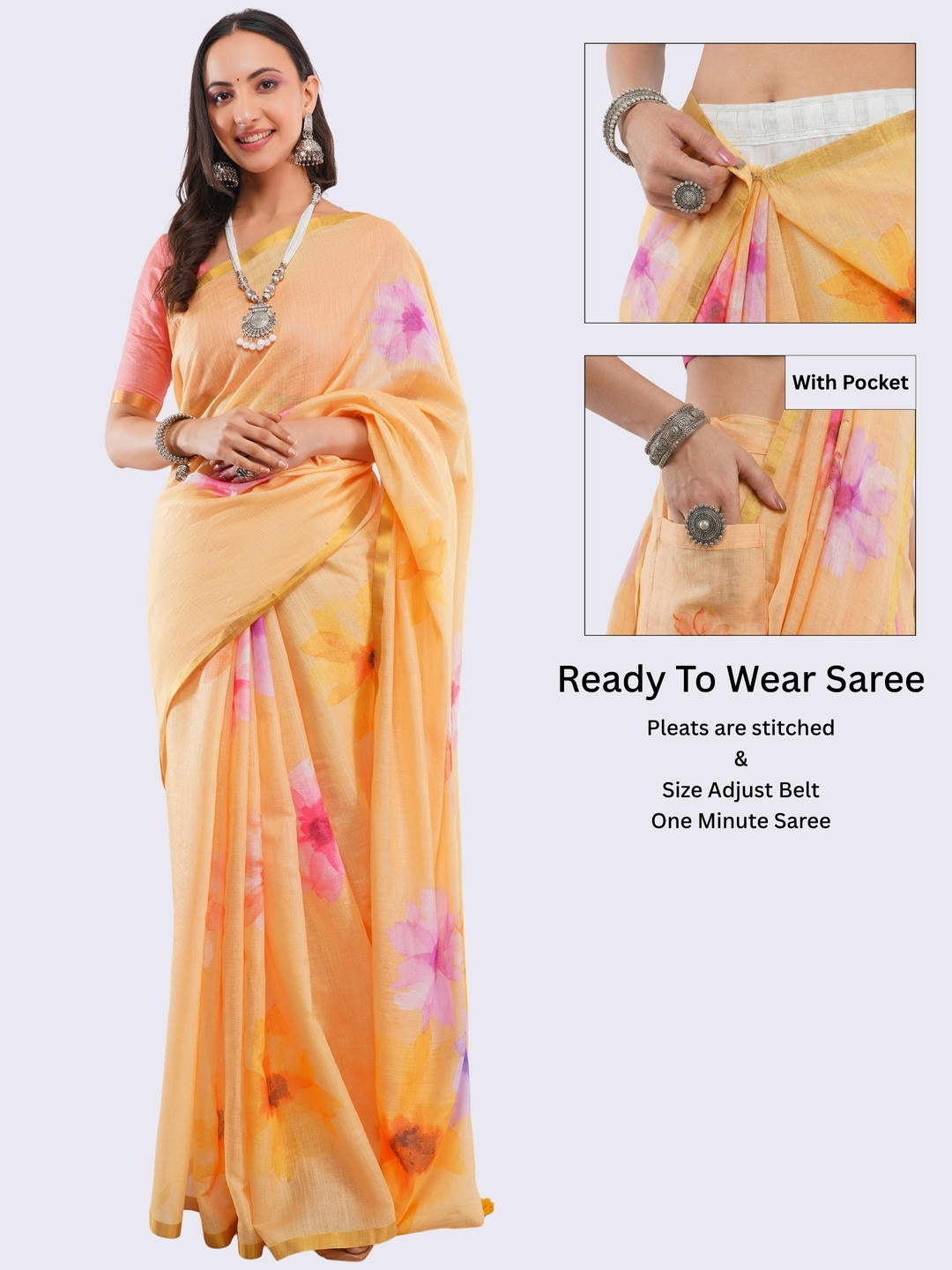 Beautiful woman styled in a vibrant mustard yellow ready-to-wear one-minute linen saree featuring pre-stitched pleats, a heavy gold zari border, and a matching mustard blouse by Samantha.