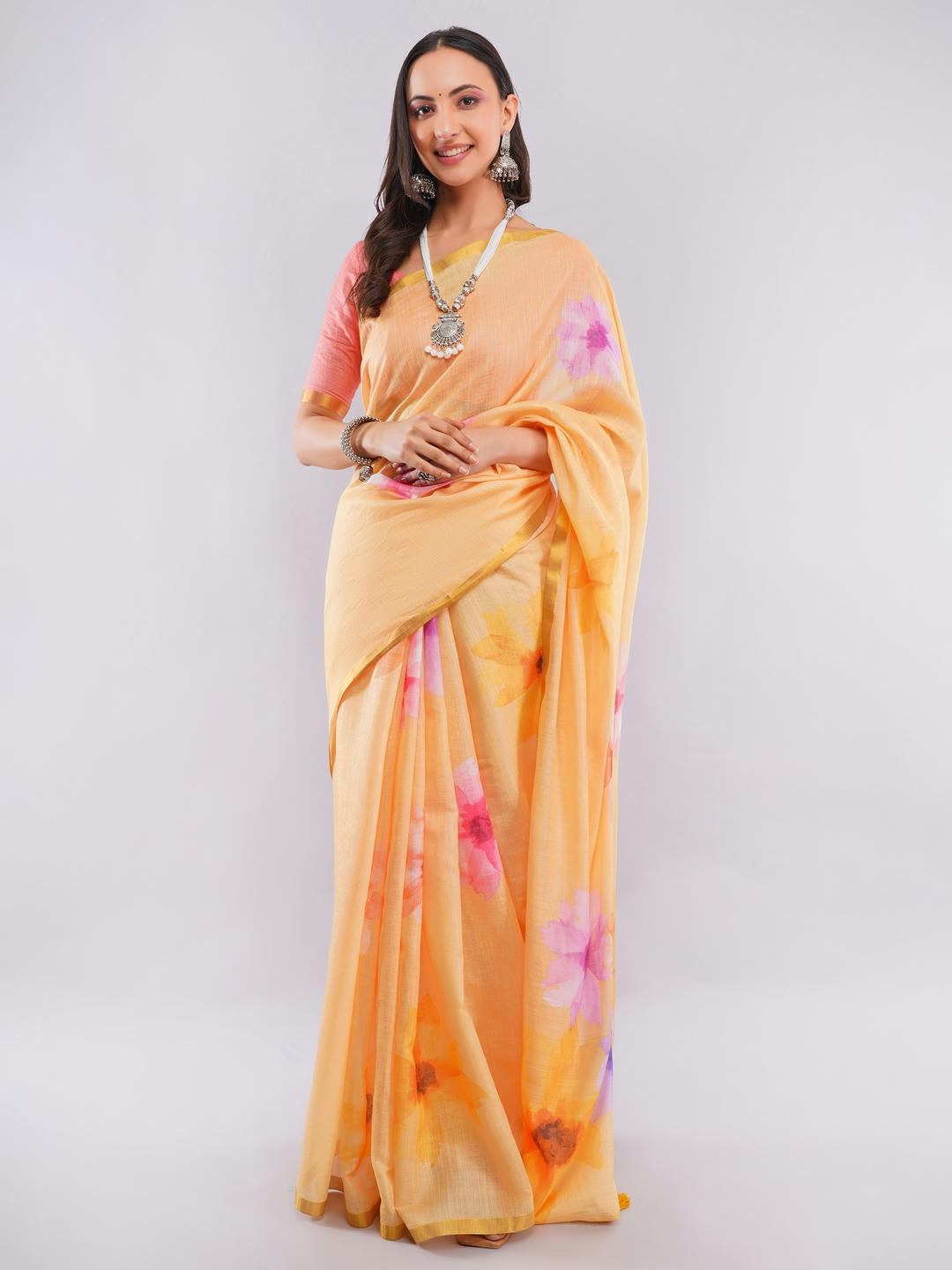 Samantha Mustard Yellow Ready To Wear One Minute Linen Fabric Saree With Pre Stitched Pleats And Unstitched Blouse Piece Featuring Gold Zari Border For Women Ethnic Haldi Wear