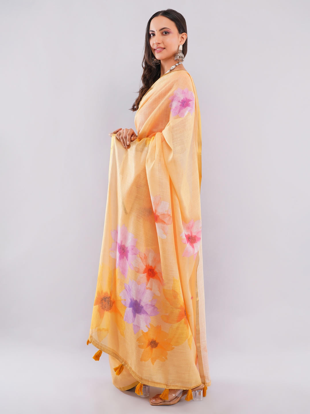 Samantha Mustard Yellow Ready To Wear One Minute Linen Fabric Saree With Pre Stitched Pleats And Unstitched Blouse Piece Featuring Gold Zari Border For Women Ethnic Haldi Wear