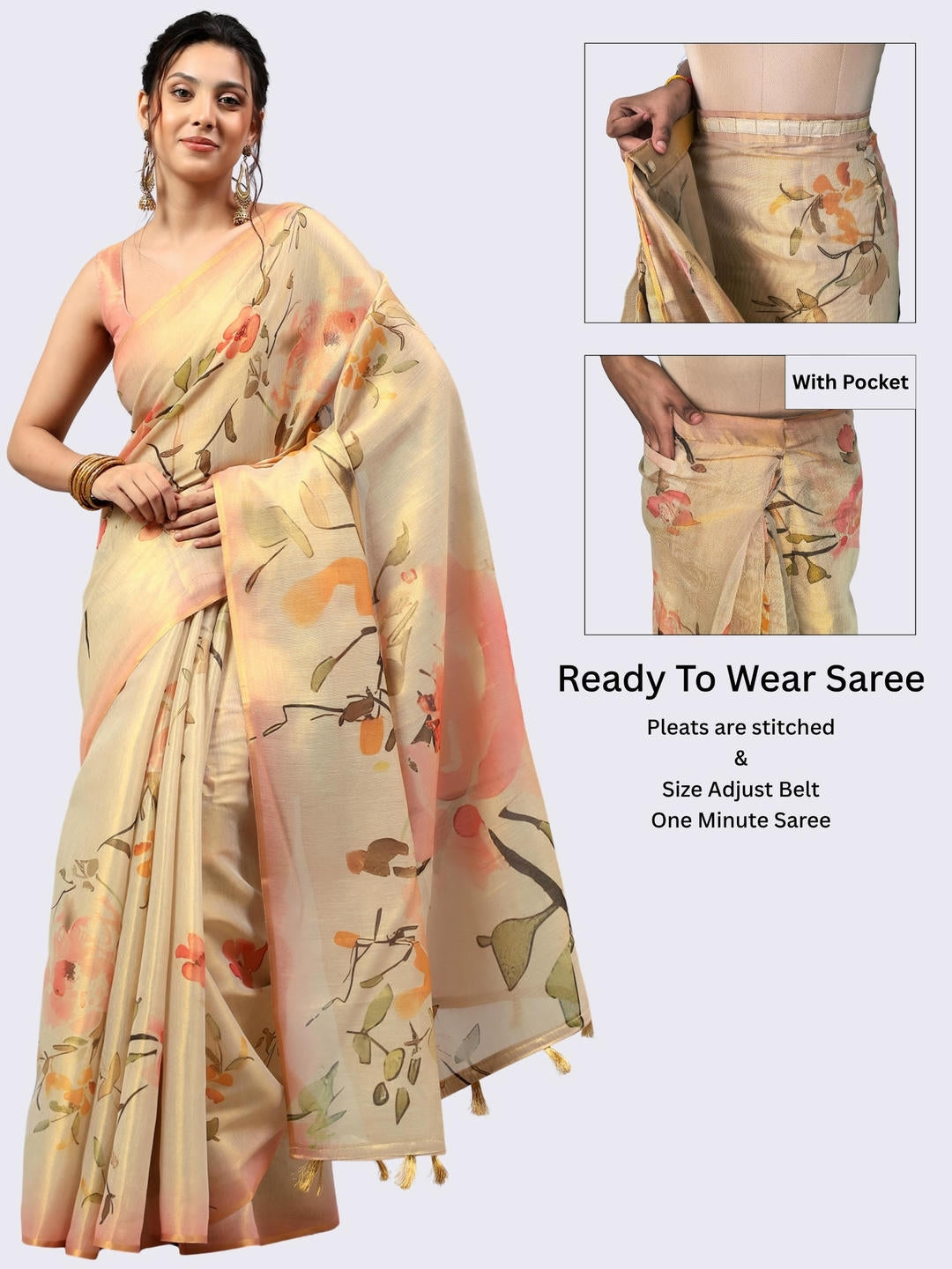Beautiful woman styled in a shimmering metallic beige gold floral printed ready-to-wear one-minute polyester erode zari saree featuring pre-stitched pleats, pocket, and a matching solid peach blouse by Samantha.