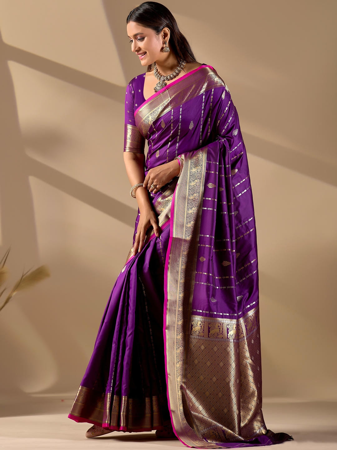 Samantha Royal Purple Woven Design Premium Traditional Silk Fabric Saree With Purple Unstitched Blouse Piece Featuring A Heavy Zari Border For Women Ethnic Wedding And Festive Wear