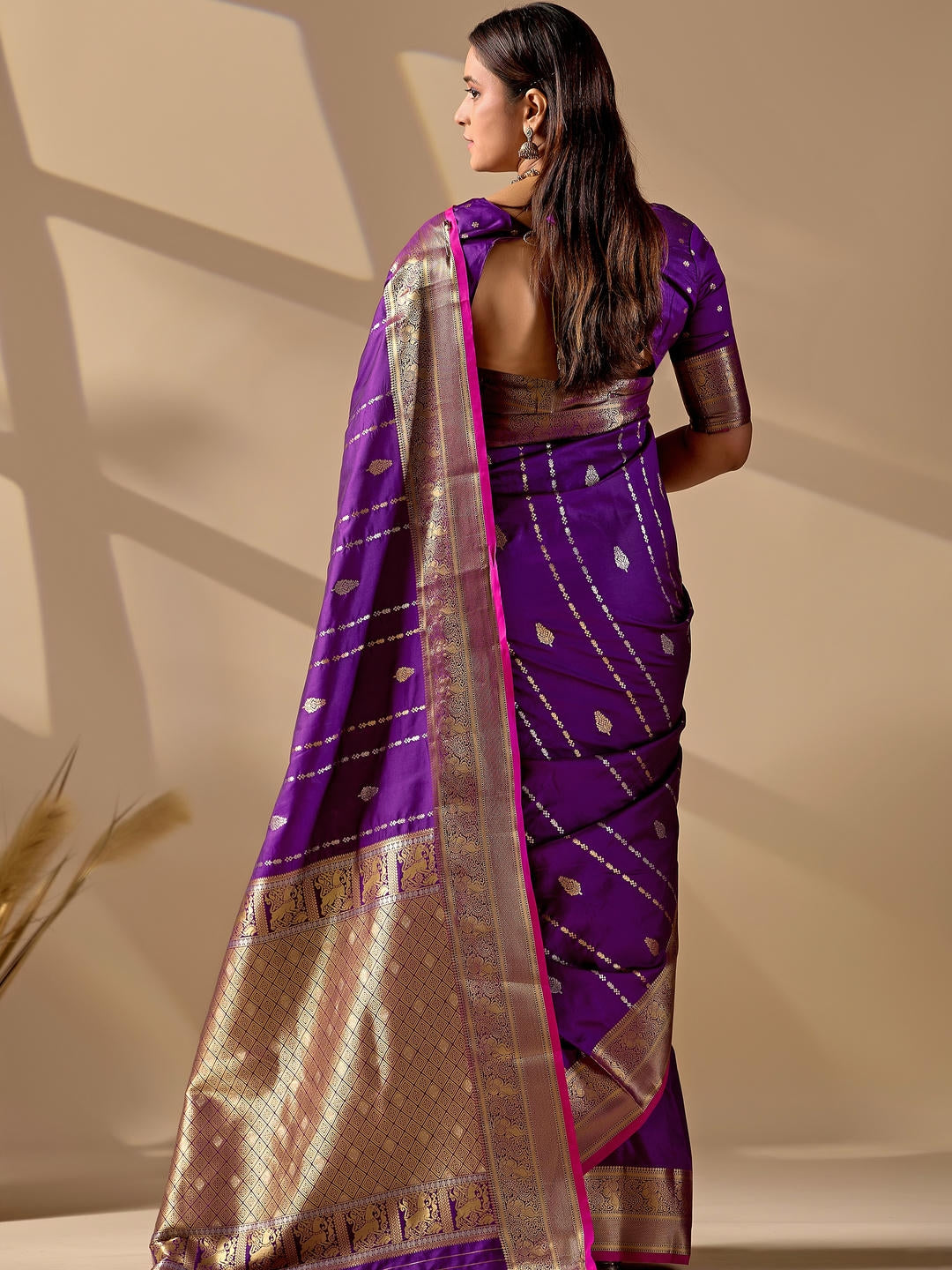 Samantha Royal Purple Woven Design Premium Traditional Silk Fabric Saree With Purple Unstitched Blouse Piece Featuring A Heavy Zari Border For Women Ethnic Wedding And Festive Wear
