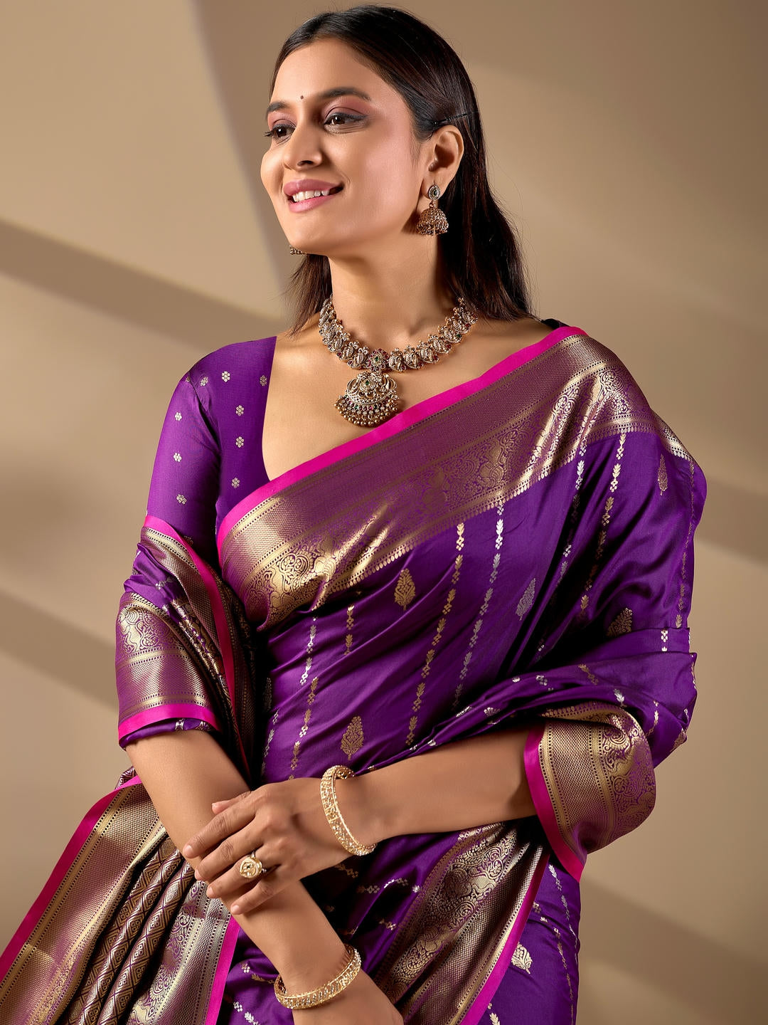 Samantha Royal Purple Woven Design Premium Traditional Silk Fabric Saree With Purple Unstitched Blouse Piece Featuring A Heavy Zari Border For Women Ethnic Wedding And Festive Wear