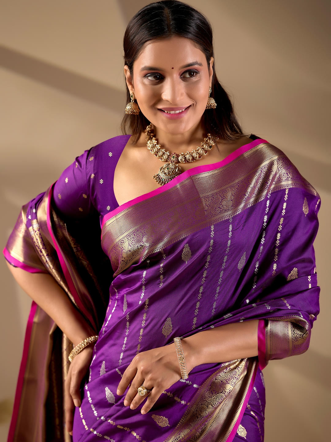 Samantha Royal Purple Woven Design Premium Traditional Silk Fabric Saree With Purple Unstitched Blouse Piece Featuring A Heavy Zari Border For Women Ethnic Wedding And Festive Wear