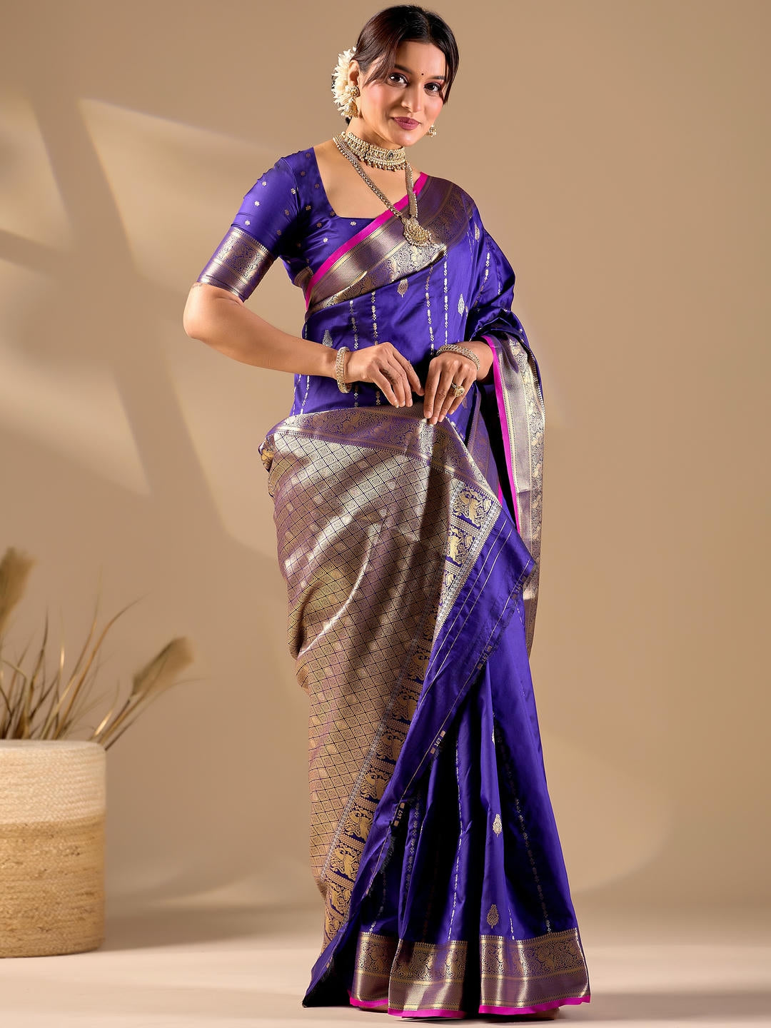 Samantha Blue Woven Design Premium Traditional Silk Fabric Saree With Blue Unstitched Blouse Piece Featuring A Heavy Zari Border For Women Ethnic Wedding And Festive Wear