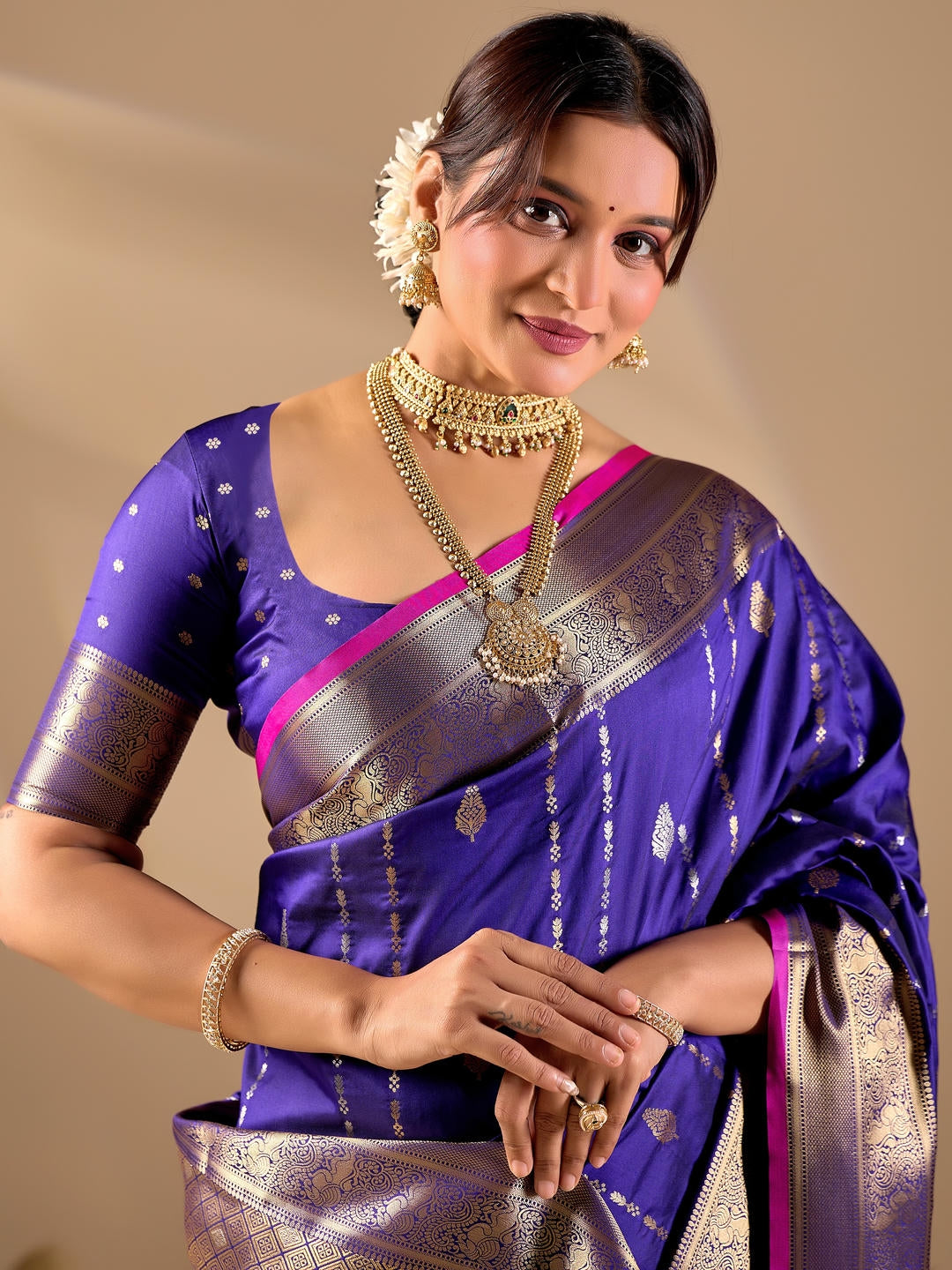 Samantha Blue Woven Design Premium Traditional Silk Fabric Saree With Blue Unstitched Blouse Piece Featuring A Heavy Zari Border For Women Ethnic Wedding And Festive Wear