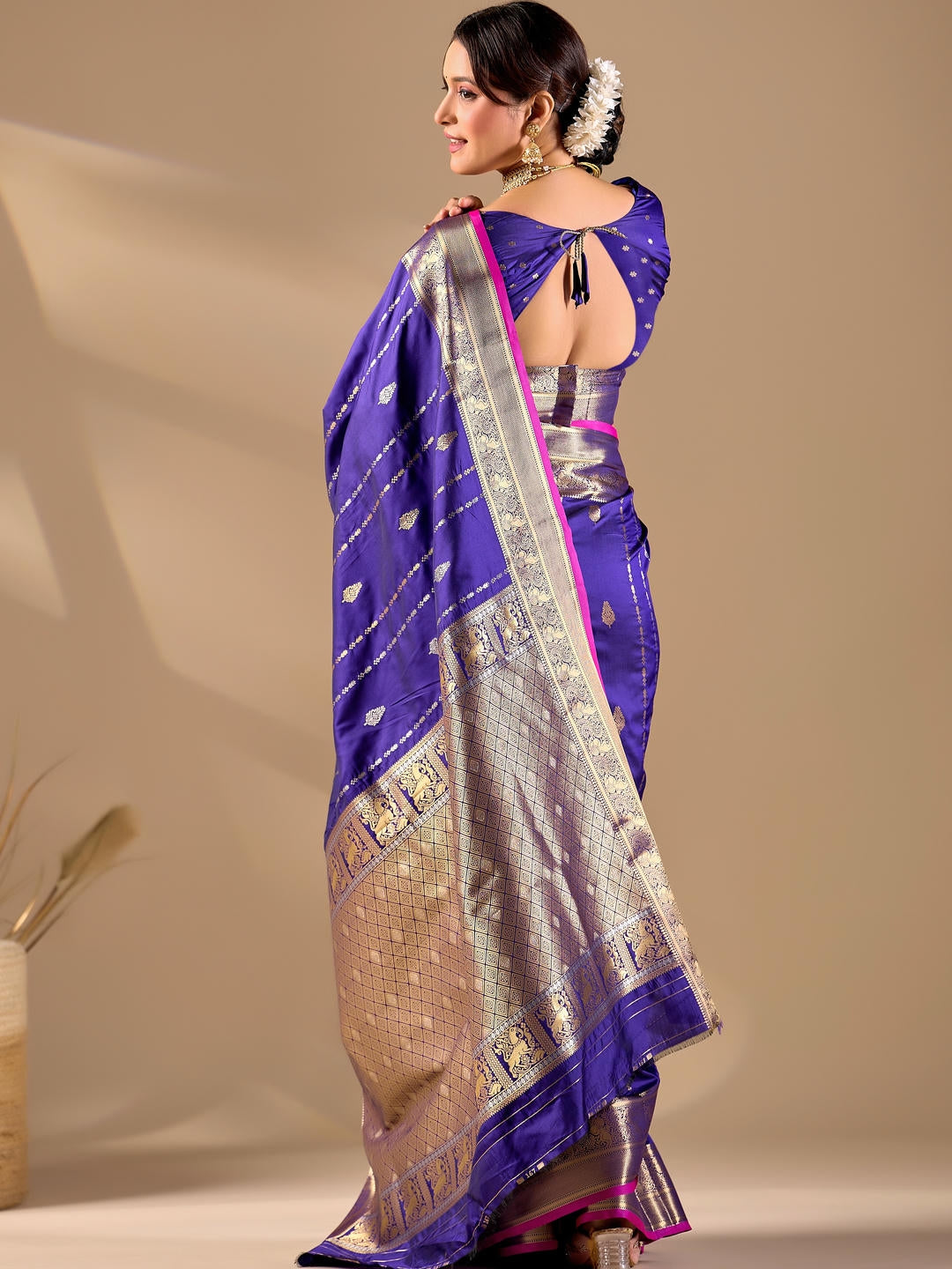 Samantha Blue Woven Design Premium Traditional Silk Fabric Saree With Blue Unstitched Blouse Piece Featuring A Heavy Zari Border For Women Ethnic Wedding And Festive Wear