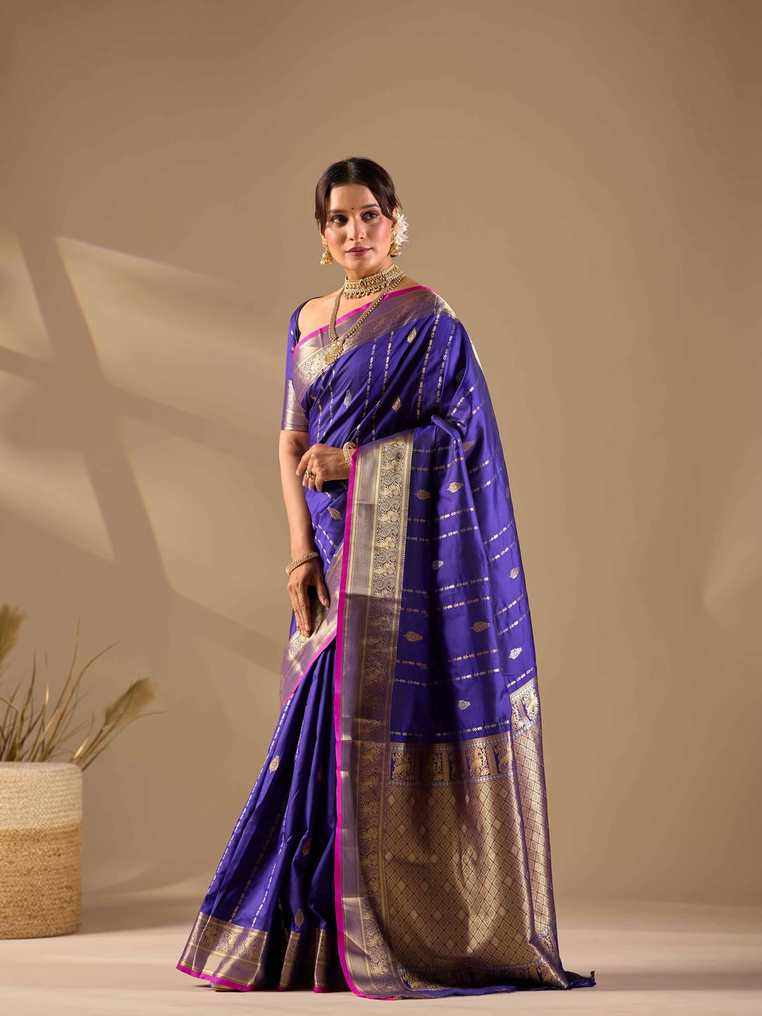 Samantha Blue Woven Design Premium Traditional Silk Fabric Saree With Blue Unstitched Blouse Piece Featuring A Heavy Zari Border For Women Ethnic Wedding And Festive Wear