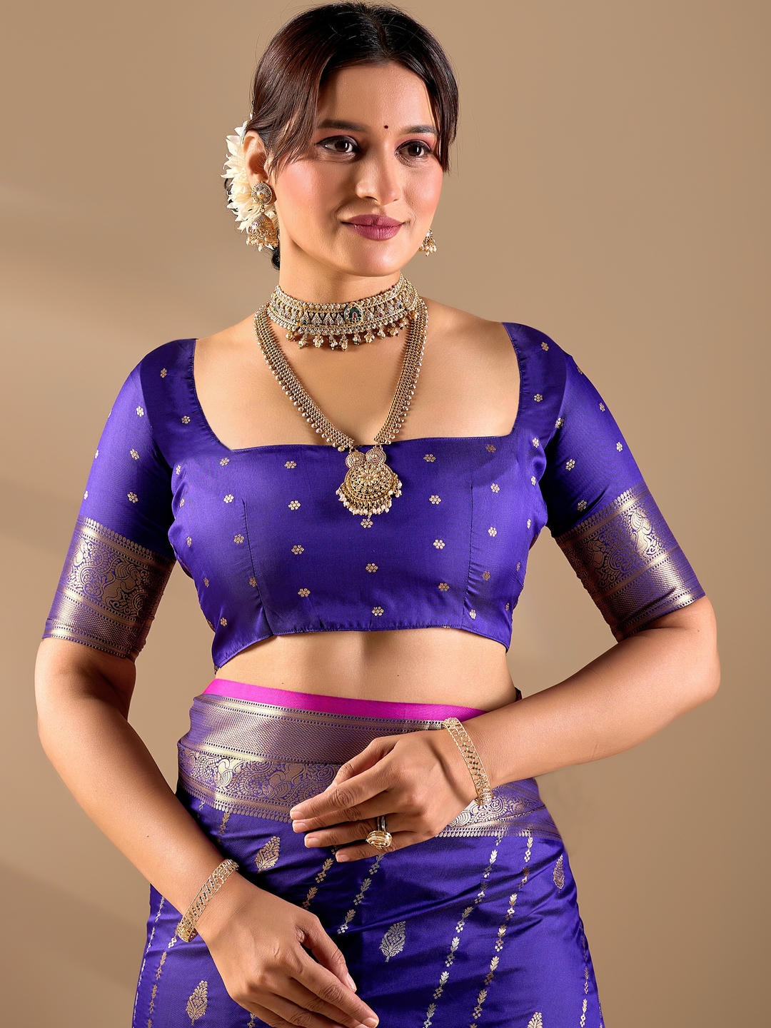 Samantha Blue Woven Design Premium Traditional Silk Fabric Saree With Blue Unstitched Blouse Piece Featuring A Heavy Zari Border For Women Ethnic Wedding And Festive Wear