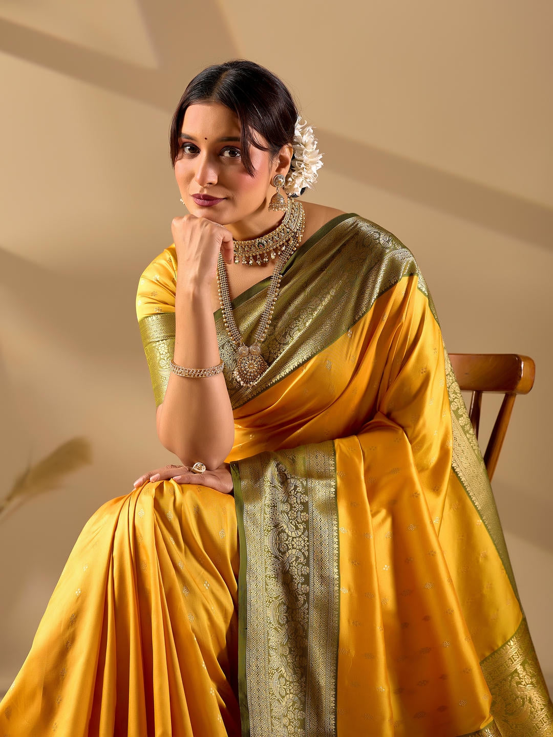 Samantha Yellow Woven Design Premium Traditional Silk Fabric Saree With Yellow Unstitched Blouse Piece Featuring A Heavy Zari Border For Women Ethnic Wedding And Festive Wear