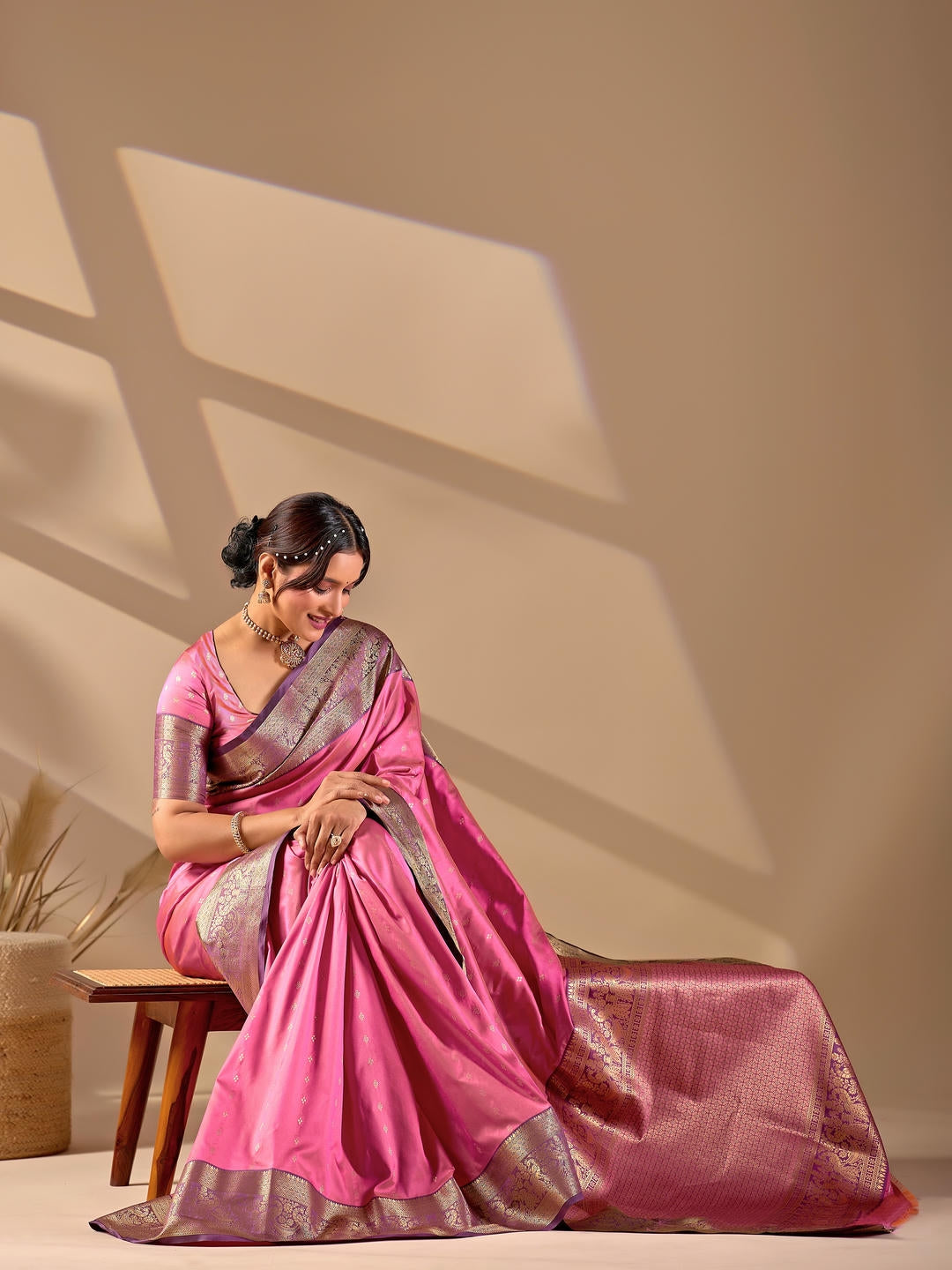 Samantha Pink Woven Design Premium Traditional Silk Fabric Saree With Pink Unstitched Blouse Piece Featuring A Heavy Zari Border For Women Ethnic Wedding And Festive Wear