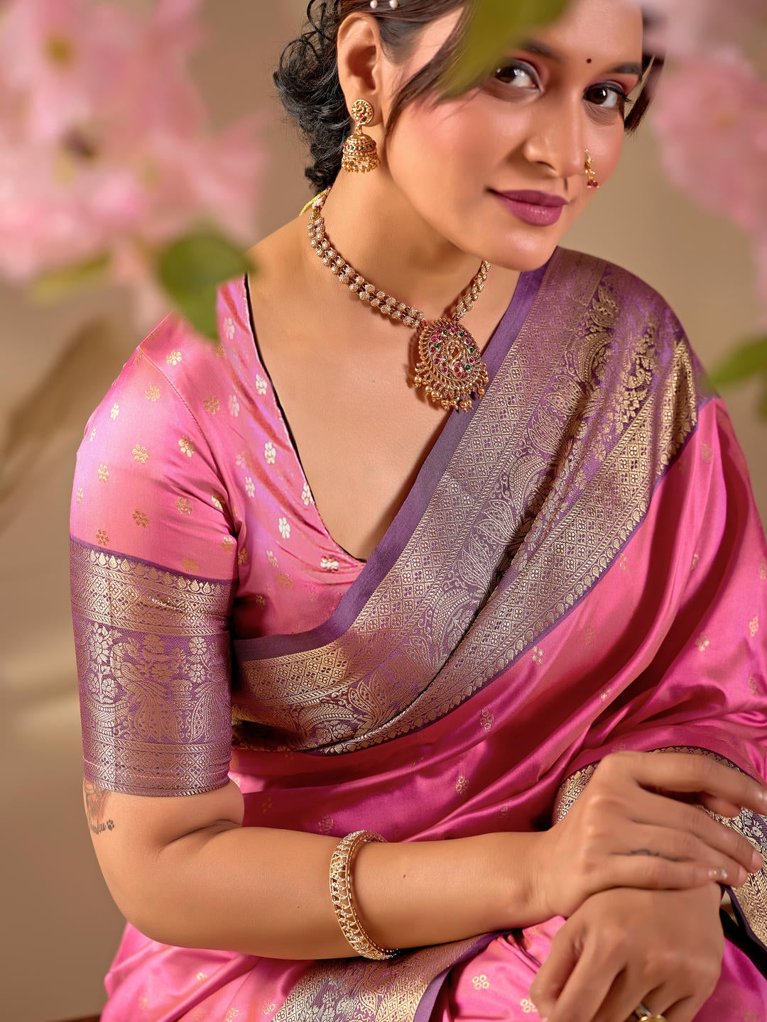 Samantha Pink Woven Design Premium Traditional Silk Fabric Saree With Pink Unstitched Blouse Piece Featuring A Heavy Zari Border For Women Ethnic Wedding And Festive Wear