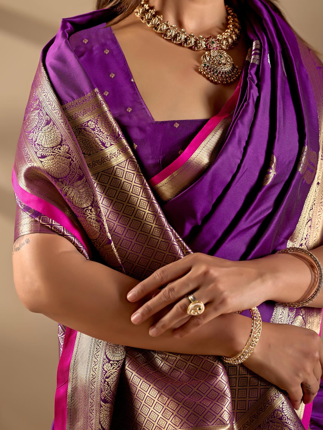 Samantha Purple Woven Design Premium Traditional Silk Fabric Saree With Purple Unstitched Blouse Piece Featuring A Heavy Zari Border For Women Ethnic Wedding And Festive Wear