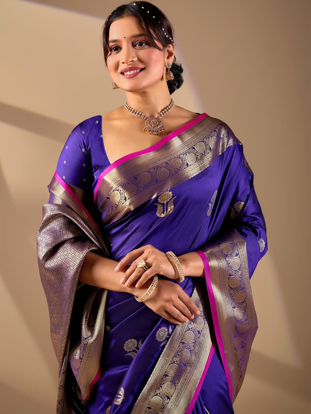 Samantha Blue Woven Design Premium Traditional Silk Fabric Saree With Blue Unstitched Blouse Piece Featuring A Heavy Zari Border For Women Ethnic Wedding And Festive Wear