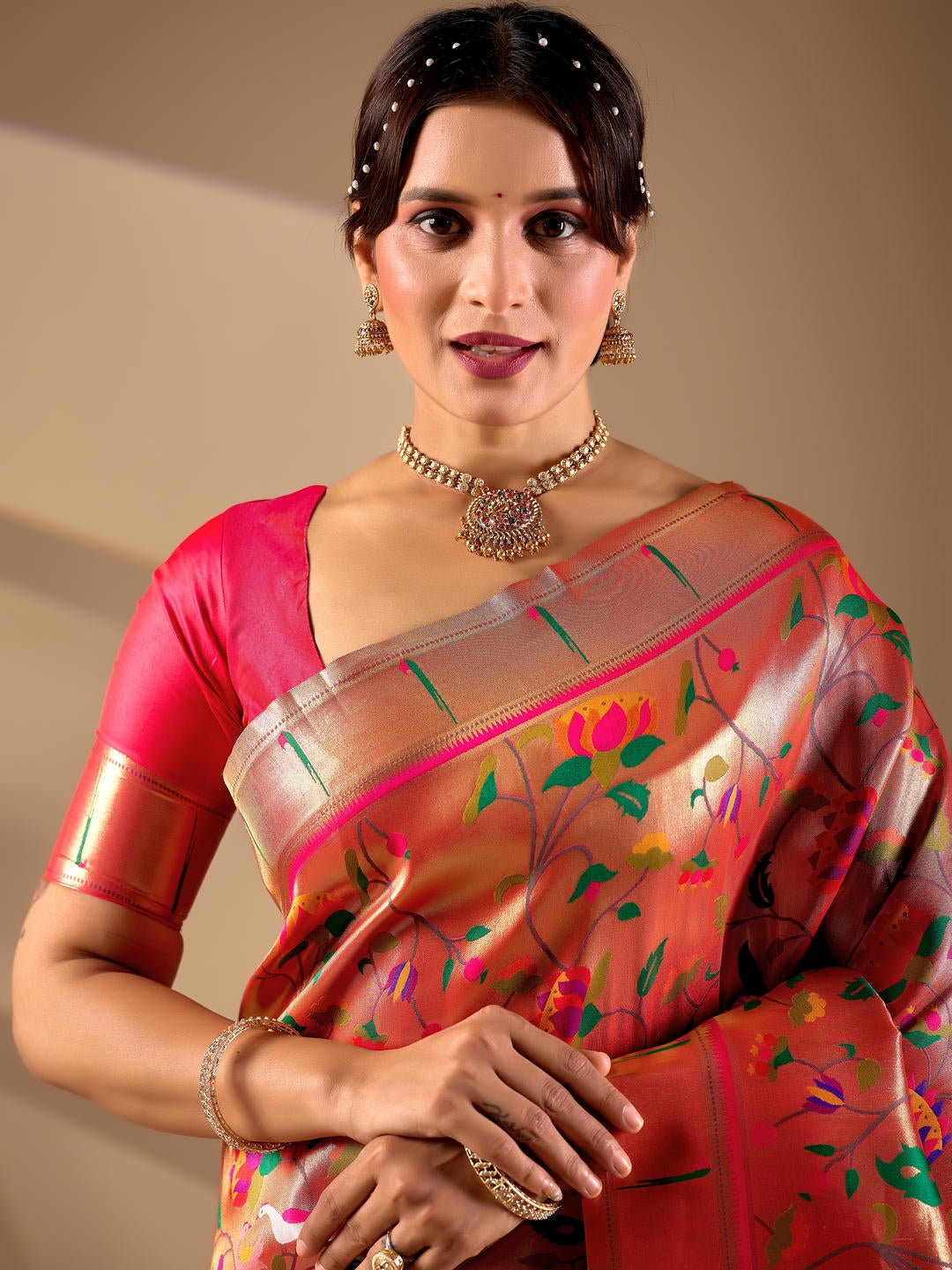 Samantha Gold Woven Design Premium Traditional Silk Fabric Saree With Gold Unstitched Blouse Piece Featuring A Heavy Zari Border For Women Ethnic Wedding And Festive Wear