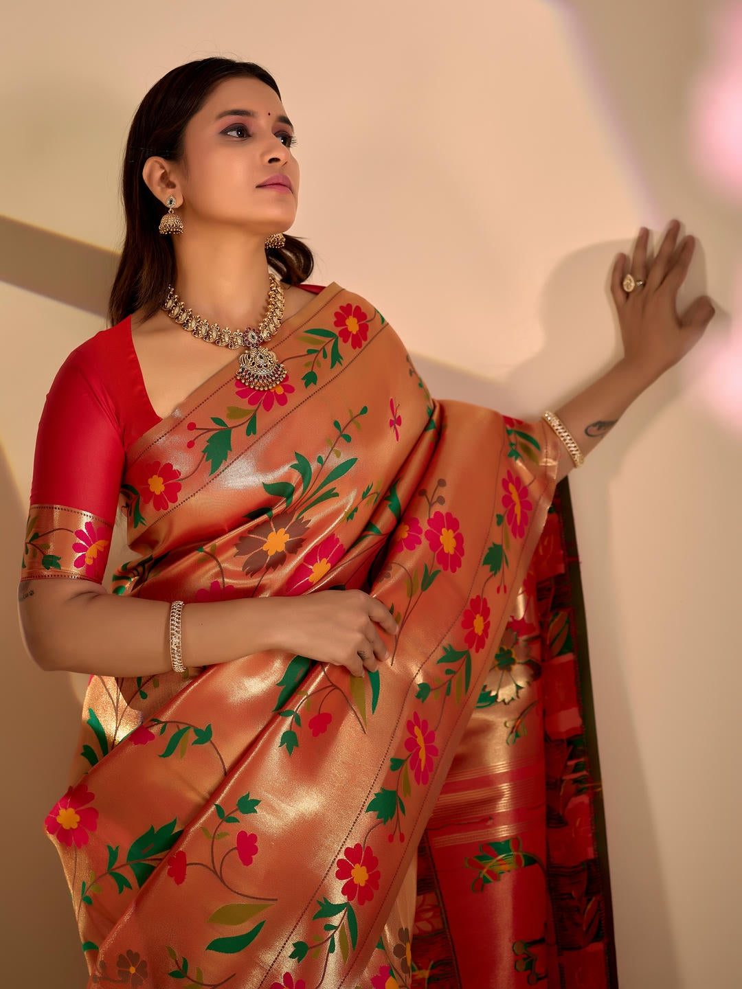 Samantha Red Gold Woven Design Premium Traditional Silk Fabric Saree With Red Unstitched Blouse Piece Featuring A Heavy Zari Border For Women Ethnic Wedding And Festive Wear