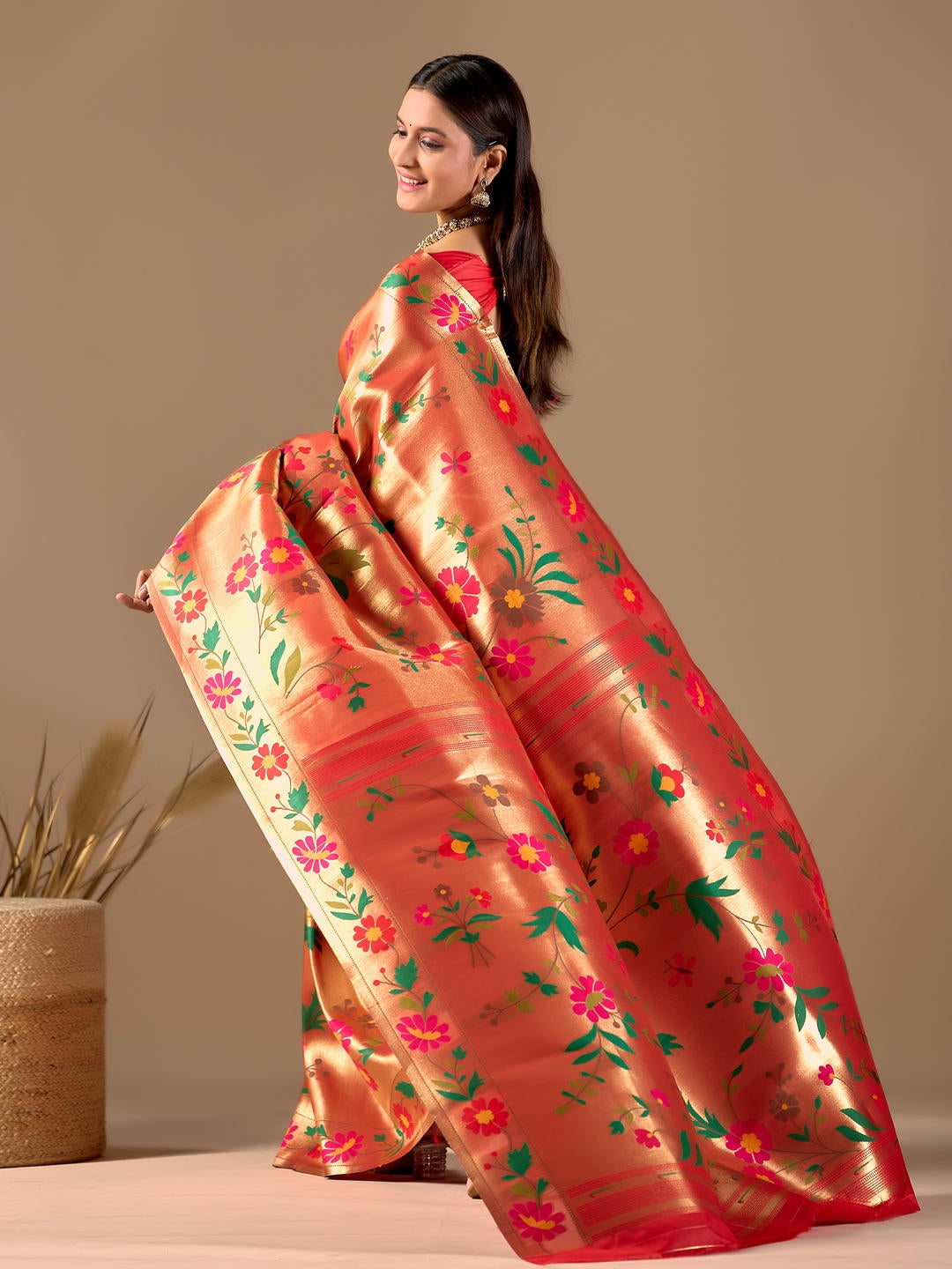 Samantha Red Gold Woven Design Premium Traditional Silk Fabric Saree With Red Unstitched Blouse Piece Featuring A Heavy Zari Border For Women Ethnic Wedding And Festive Wear
