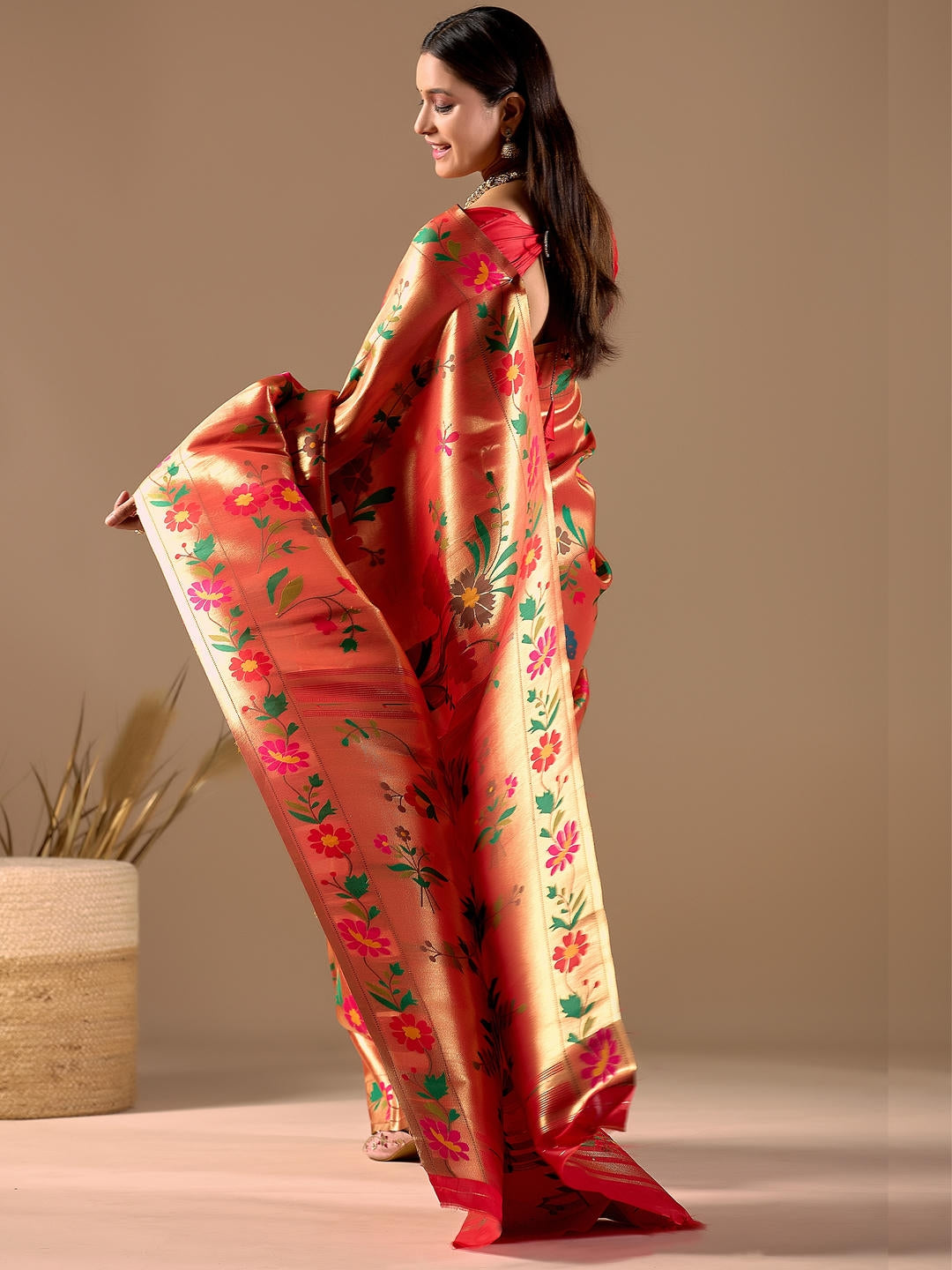Samantha Red Gold Woven Design Premium Traditional Silk Fabric Saree With Red Unstitched Blouse Piece Featuring A Heavy Zari Border For Women Ethnic Wedding And Festive Wear