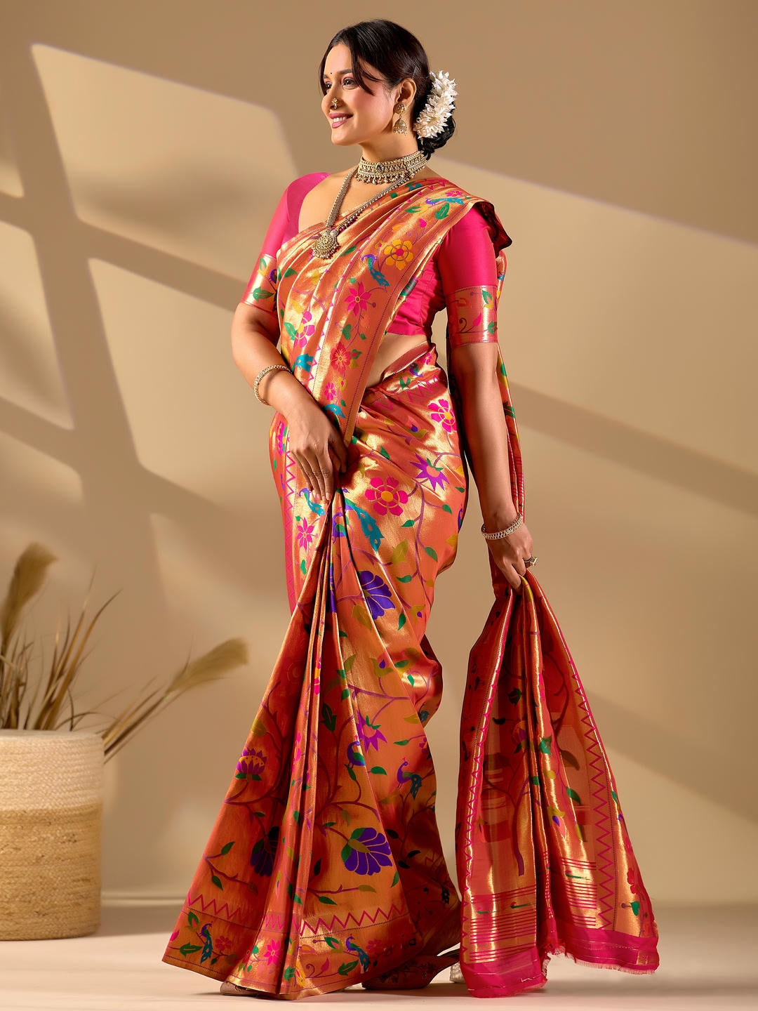 Samantha Red Gold Woven Design Premium Traditional Silk Fabric Saree With Red Unstitched Blouse Piece Featuring A Heavy Zari Border For Women Ethnic Wedding And Festive Wear