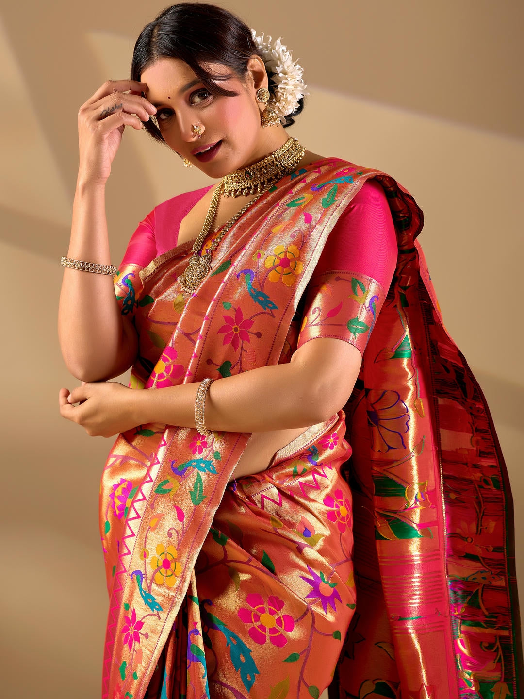 Samantha Red Gold Woven Design Premium Traditional Silk Fabric Saree With Red Unstitched Blouse Piece Featuring A Heavy Zari Border For Women Ethnic Wedding And Festive Wear