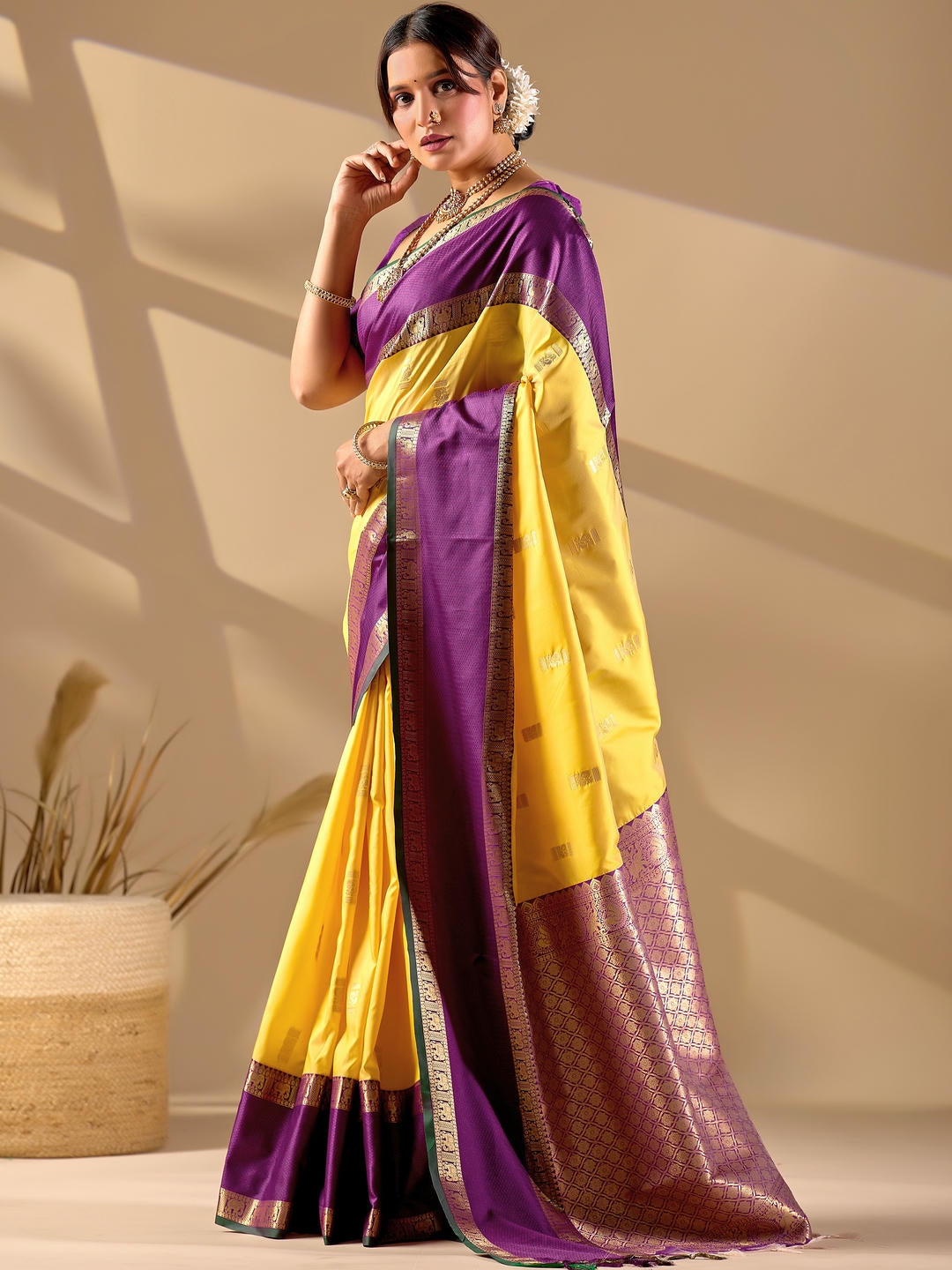 Samantha Yellow Woven Design Premium Traditional Silk Fabric Saree With Yellow Unstitched Blouse Piece Featuring A Heavy Zari Border For Women Ethnic Wedding And Festive Wear