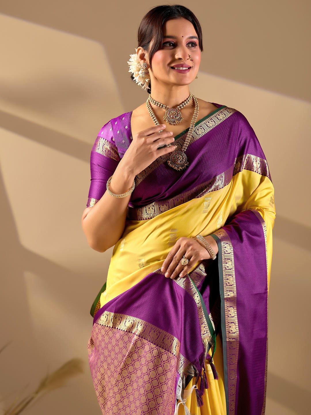 Samantha Yellow Woven Design Premium Traditional Silk Fabric Saree With Yellow Unstitched Blouse Piece Featuring A Heavy Zari Border For Women Ethnic Wedding And Festive Wear