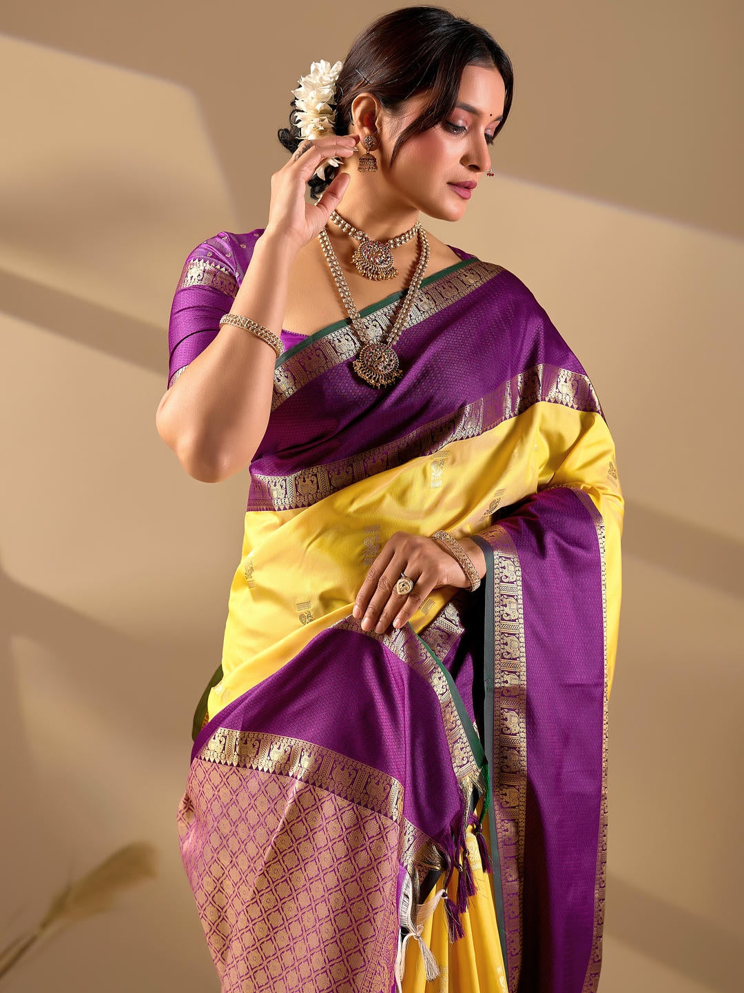 Samantha Yellow Woven Design Premium Traditional Silk Fabric Saree With Yellow Unstitched Blouse Piece Featuring A Heavy Zari Border For Women Ethnic Wedding And Festive Wear
