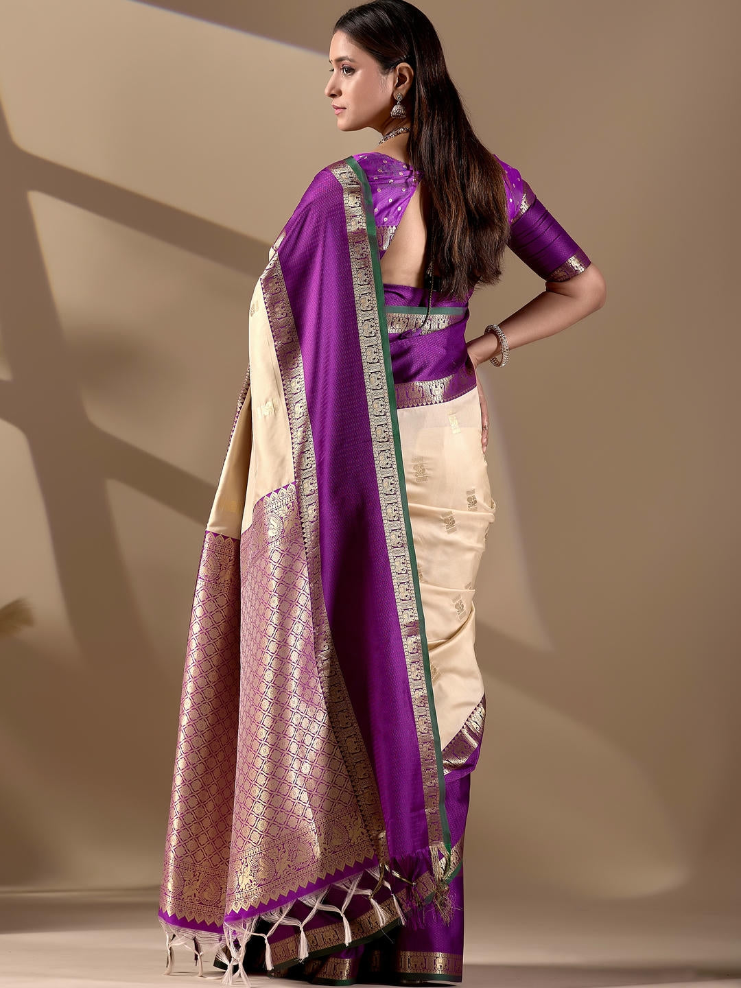 Samantha Cream Woven Design Premium Traditional Silk Fabric Saree With Cream Unstitched Blouse Piece Featuring A Heavy Zari Border For Women Ethnic Wedding And Festive Wear