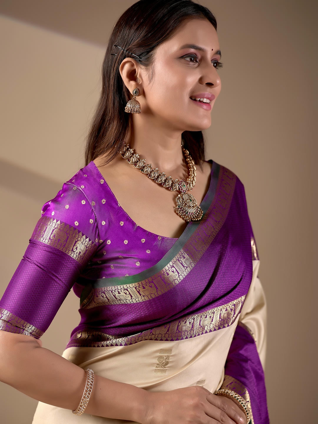 Samantha Cream Woven Design Premium Traditional Silk Fabric Saree With Cream Unstitched Blouse Piece Featuring A Heavy Zari Border For Women Ethnic Wedding And Festive Wear
