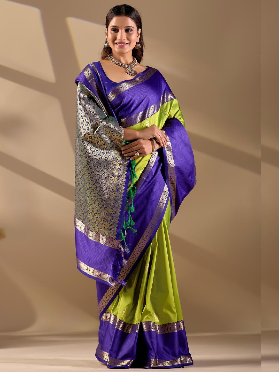 Samantha Lemon Green Woven Design Premium Traditional Silk Fabric Saree With Green Unstitched Blouse Piece Featuring A Heavy Zari Border For Women Ethnic Wedding And Festive Wear