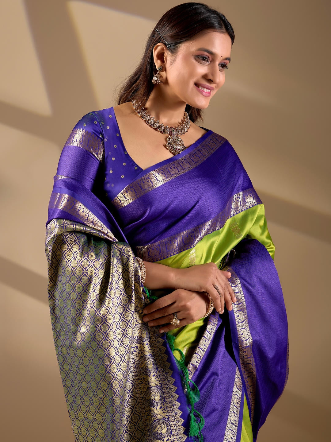 Samantha Lemon Green Woven Design Premium Traditional Silk Fabric Saree With Green Unstitched Blouse Piece Featuring A Heavy Zari Border For Women Ethnic Wedding And Festive Wear