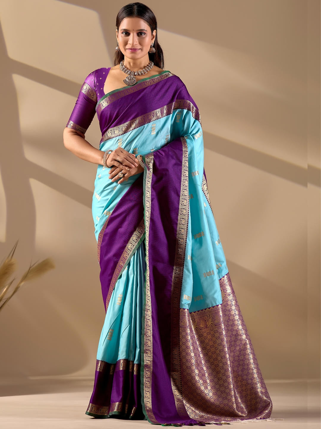 Beautiful woman styled in a sky blue woven design silk saree featuring a heavy zari border and solid blouse by Samantha.