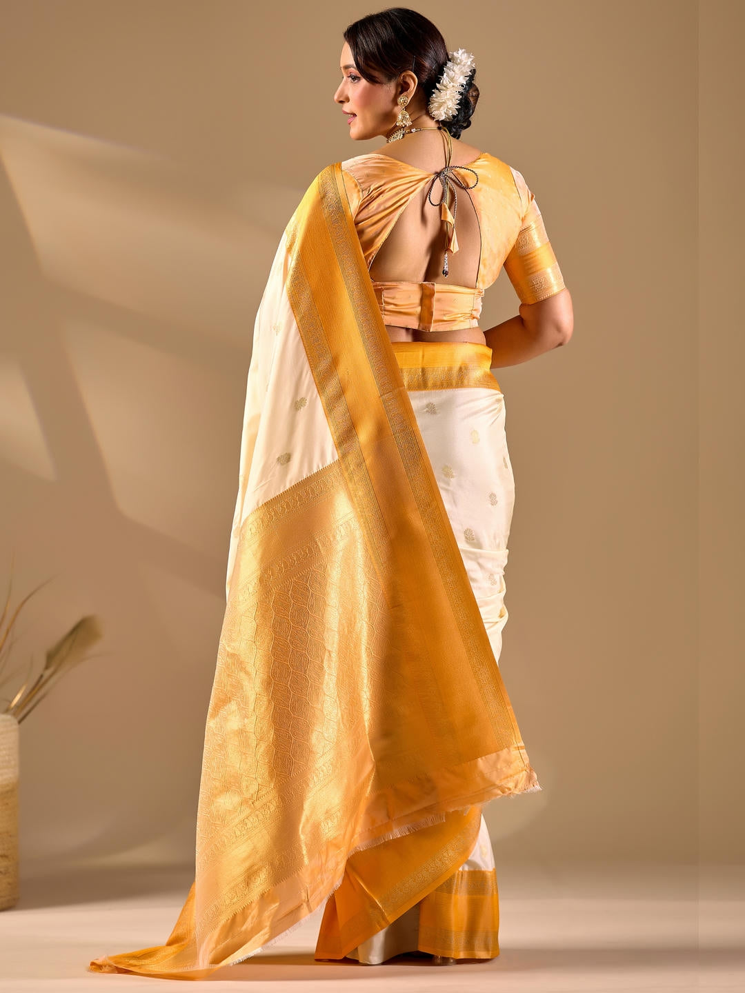 Samantha Off White Woven Design Premium Traditional Silk Fabric Saree With White Unstitched Blouse Piece Featuring A Heavy Zari Border For Women Ethnic Wedding And Festive Wear