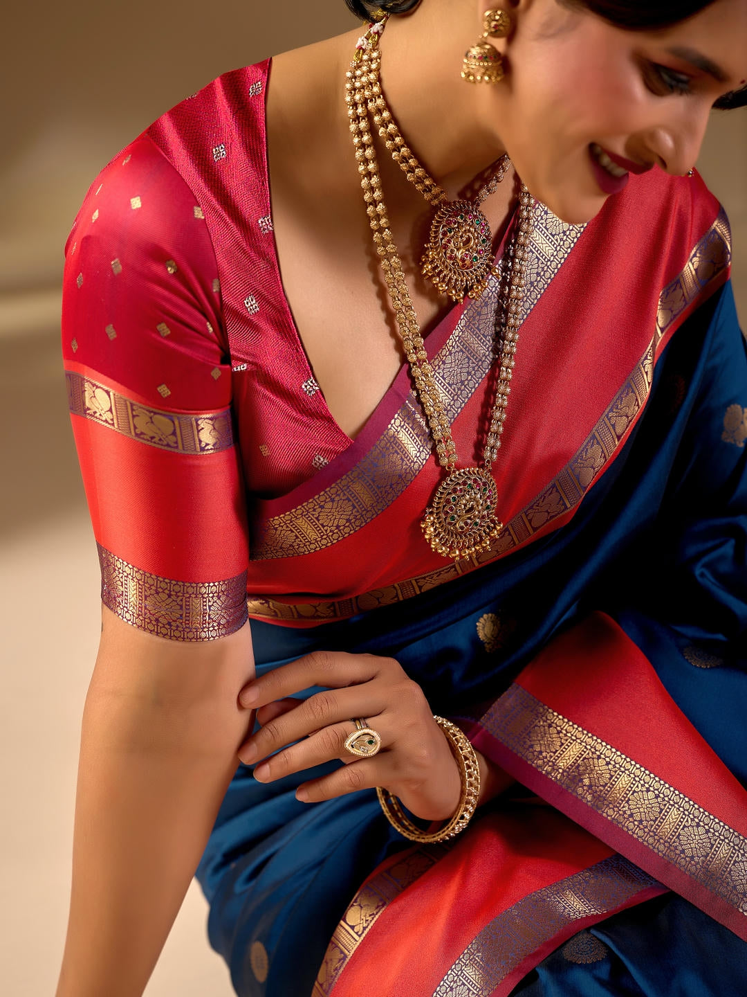 Samantha Metallic Rama Blue Woven Design Premium Traditional Silk Fabric Saree With Metallic Unstitched Blouse Piece Featuring A Heavy Zari Border For Women Ethnic Wedding And Festive Wear