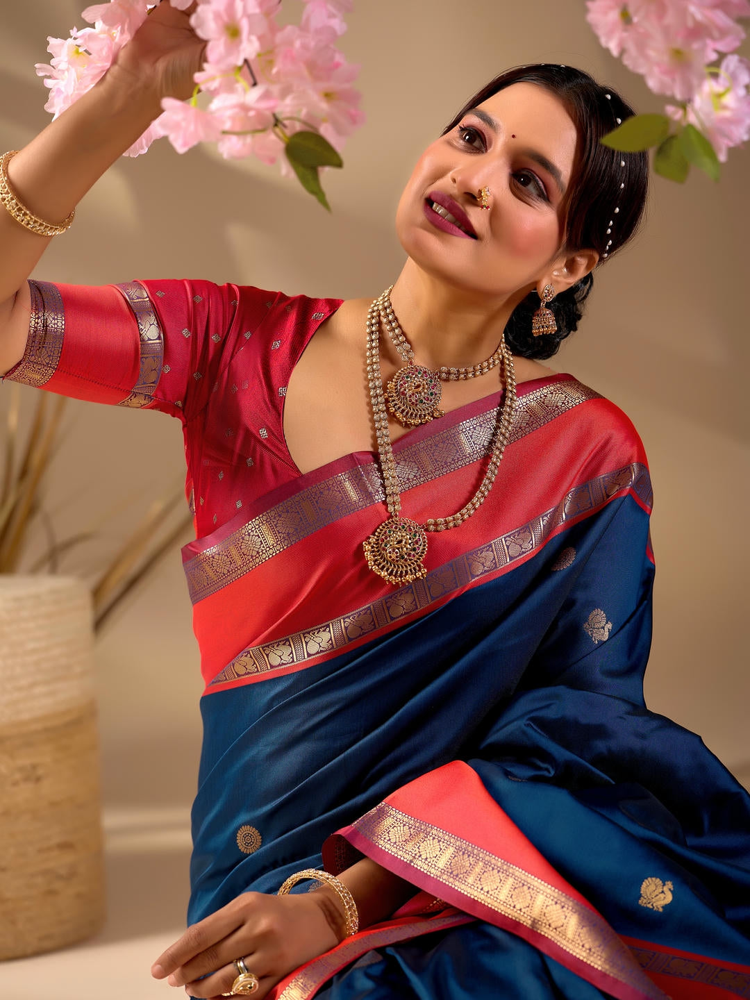 Samantha Metallic Rama Blue Woven Design Premium Traditional Silk Fabric Saree With Metallic Unstitched Blouse Piece Featuring A Heavy Zari Border For Women Ethnic Wedding And Festive Wear