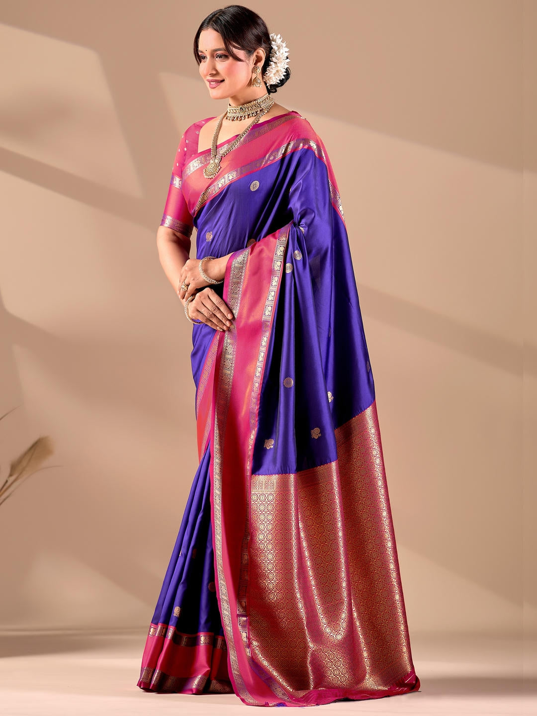 Samantha Violet Woven Design Premium Traditional Silk Fabric Saree With Violet Unstitched Blouse Piece Featuring A Heavy Zari Border For Women Ethnic Wedding And Festive Wear