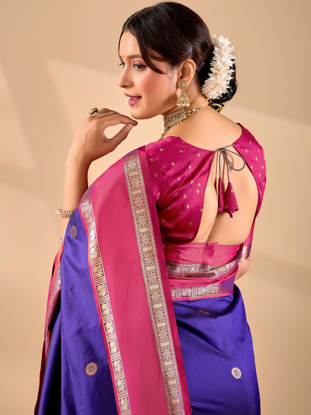 Samantha Violet Woven Design Premium Traditional Silk Fabric Saree With Violet Unstitched Blouse Piece Featuring A Heavy Zari Border For Women Ethnic Wedding And Festive Wear