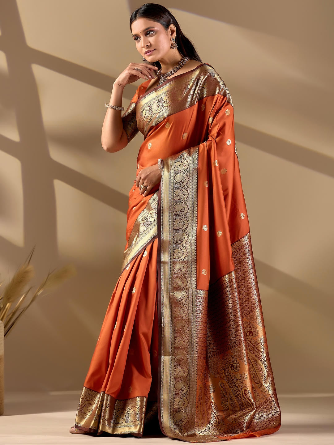 Samantha Orange Woven Design Premium Traditional Silk Fabric Saree With Orange Unstitched Blouse Piece Featuring A Heavy Zari Border For Women Ethnic Wedding And Festive Wear