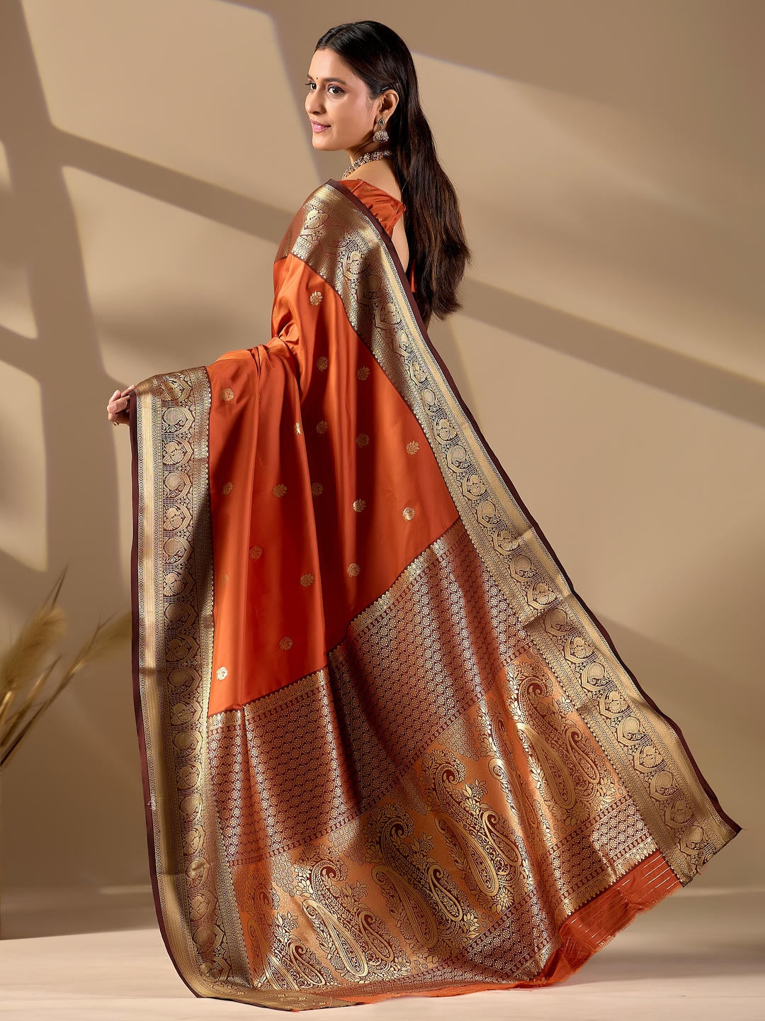 Samantha Orange Woven Design Premium Traditional Silk Fabric Saree With Orange Unstitched Blouse Piece Featuring A Heavy Zari Border For Women Ethnic Wedding And Festive Wear