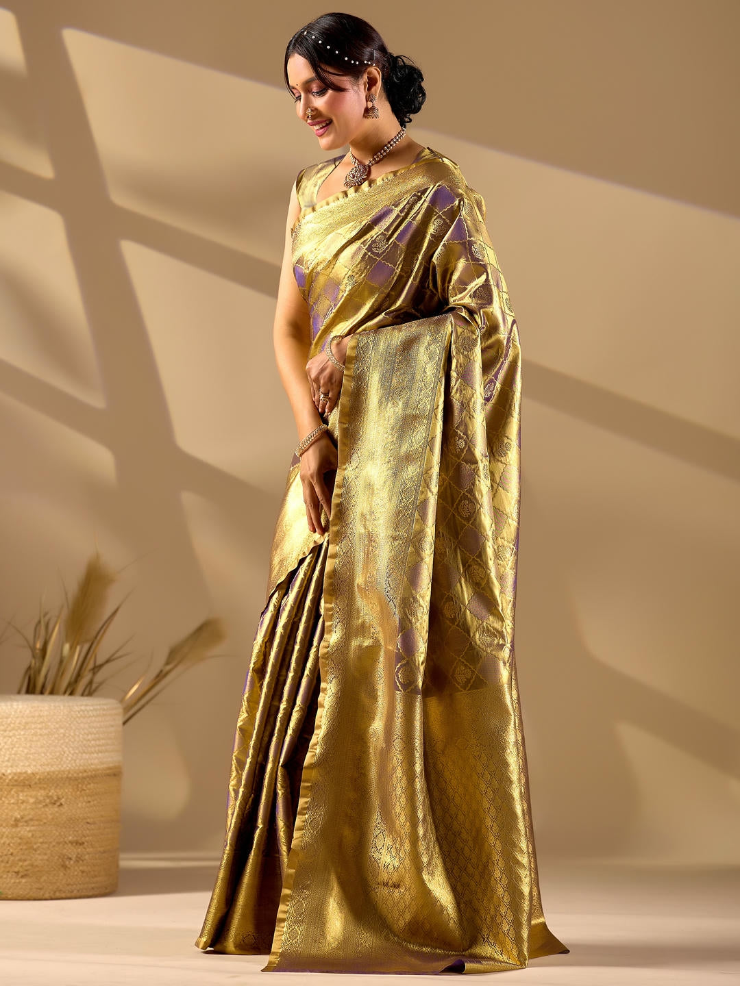 Samantha Rusty Gold Woven Design Premium Traditional Silk Fabric Saree With Brown Unstitched Blouse Piece Featuring A Heavy Zari Border For Women Ethnic Wedding And Festive Wear