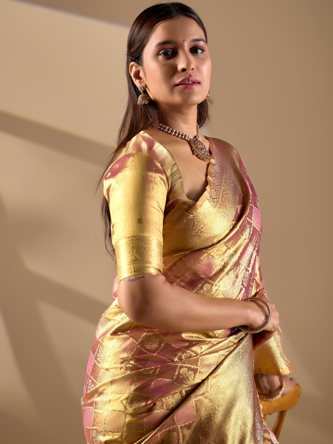 Samantha Beige Gold Woven Design Premium Traditional Silk Fabric Saree With Beige Unstitched Blouse Piece Featuring A Heavy Zari Border For Women Ethnic Wedding And Festive Wear
