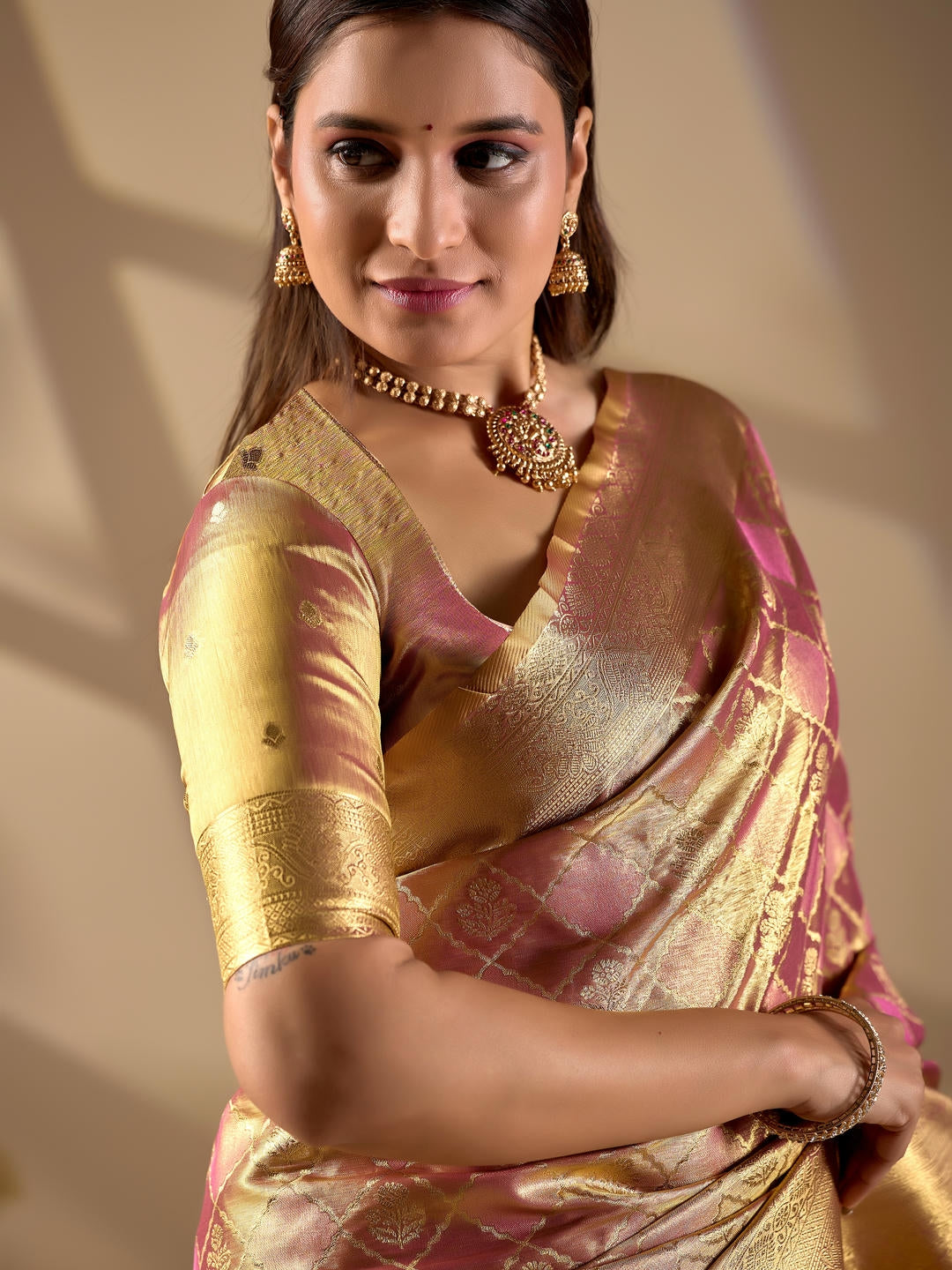 Samantha Beige Gold Woven Design Premium Traditional Silk Fabric Saree With Beige Unstitched Blouse Piece Featuring A Heavy Zari Border For Women Ethnic Wedding And Festive Wear